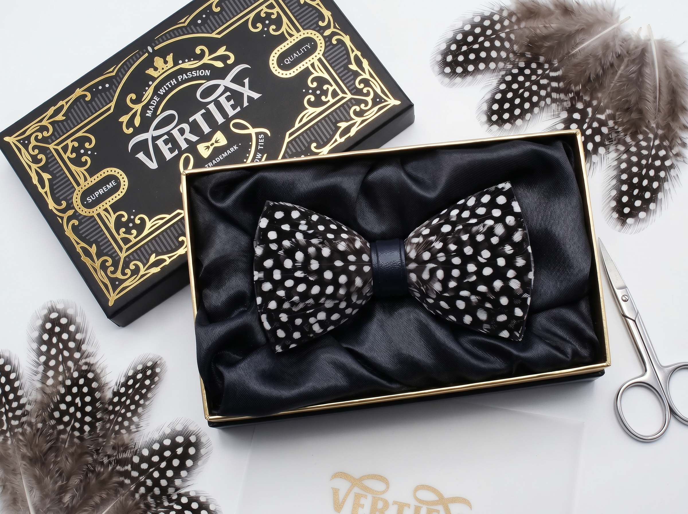 Polka Dotted Guinea Fowl Feather Bow Tie