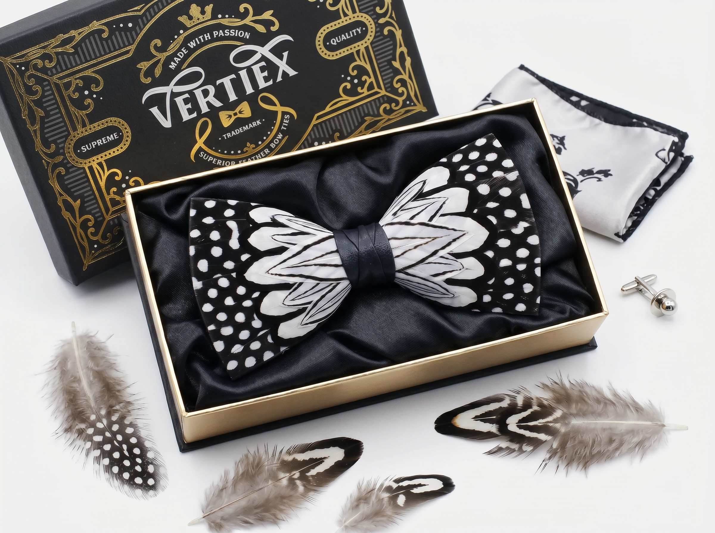 Black and White Polka Dot Feather Bow Tie