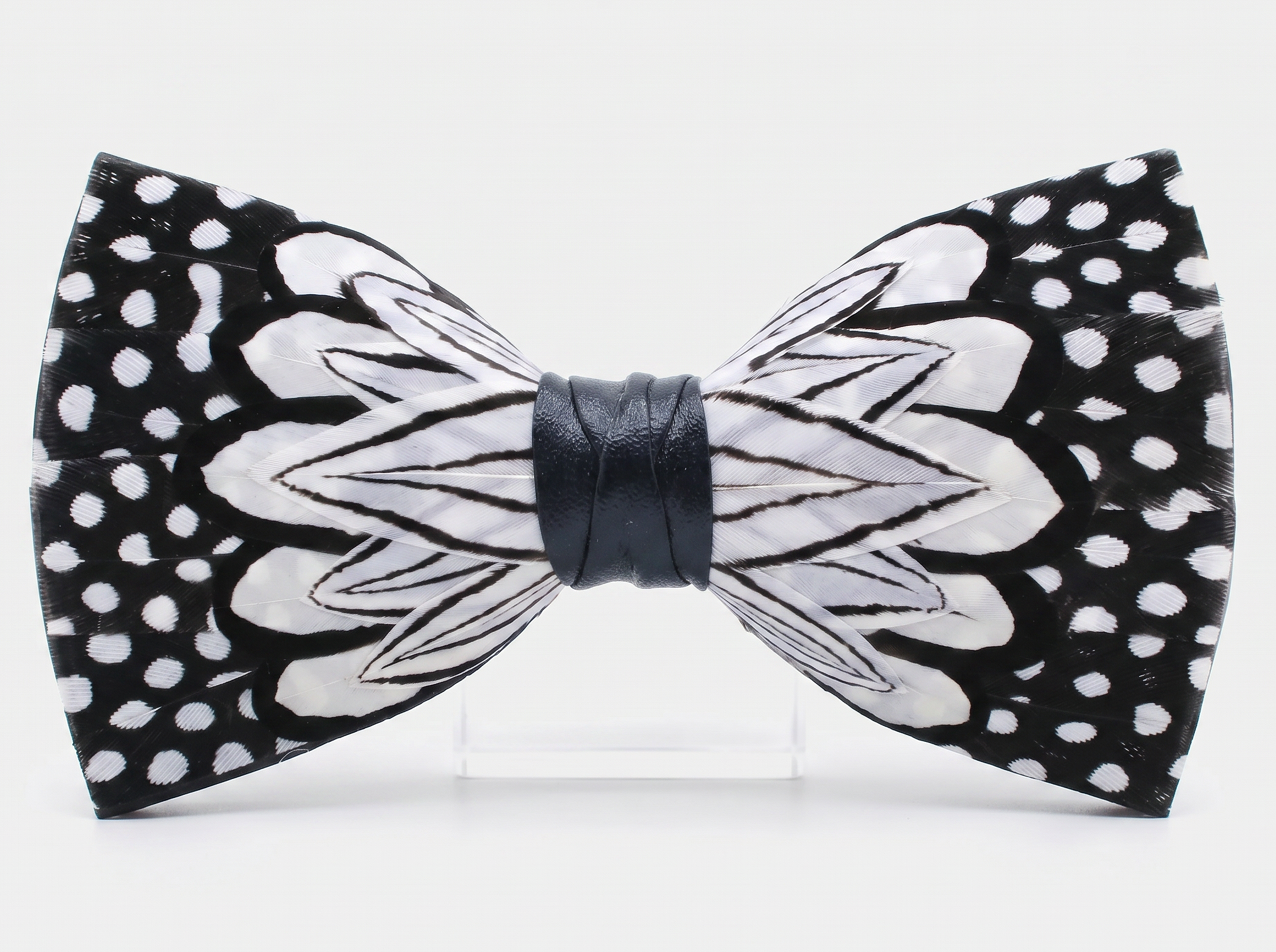 Black and White Polka Dot Feather Bow Tie
