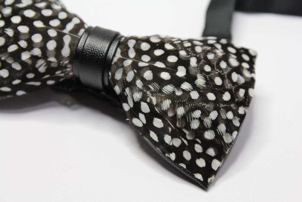Polka Dotted Guinea Fowl Feather Bow Tie