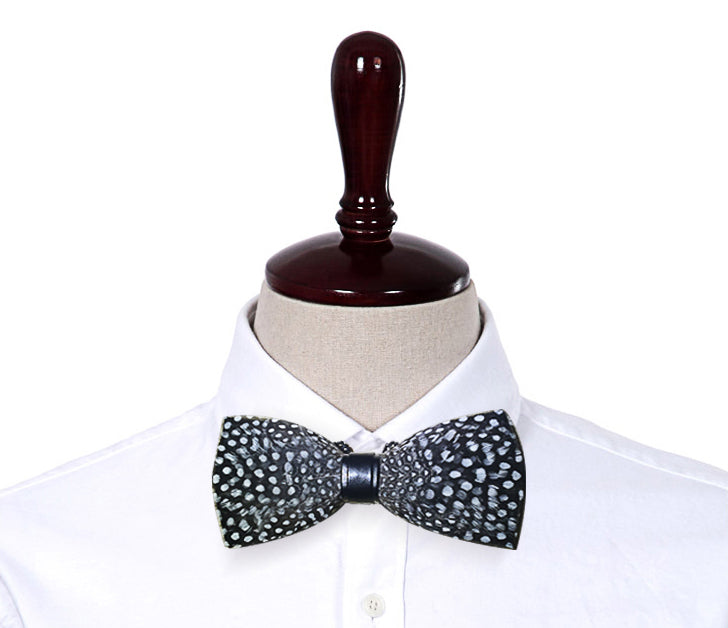 Polka Dotted Guinea Fowl Feather Bow Tie