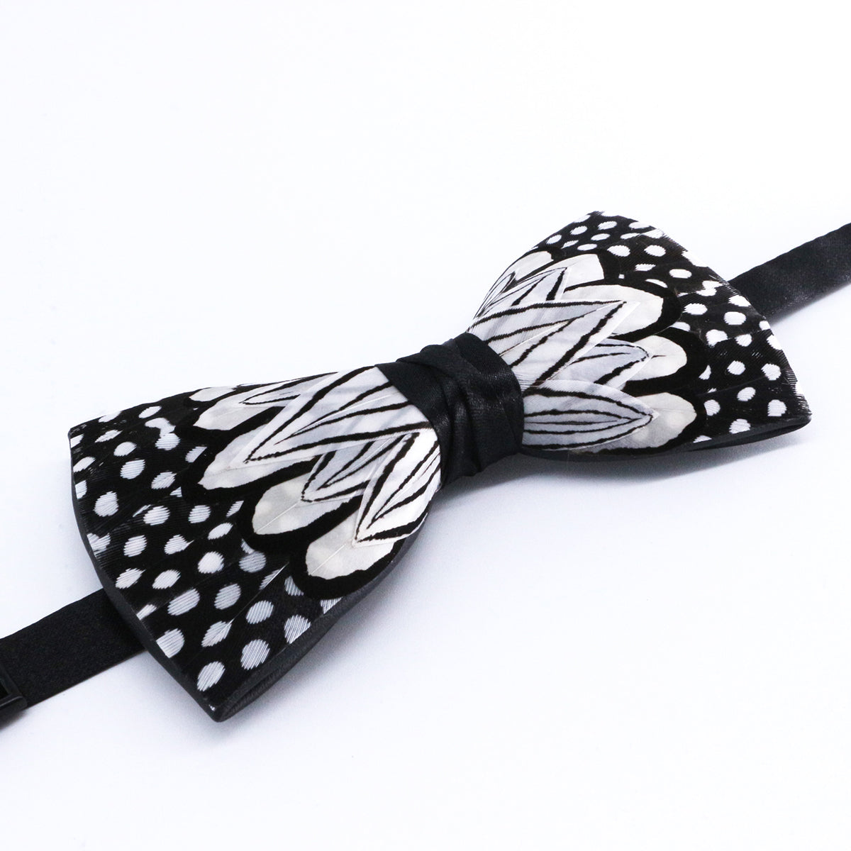 Black and White Polka Dot Feather Bow Tie