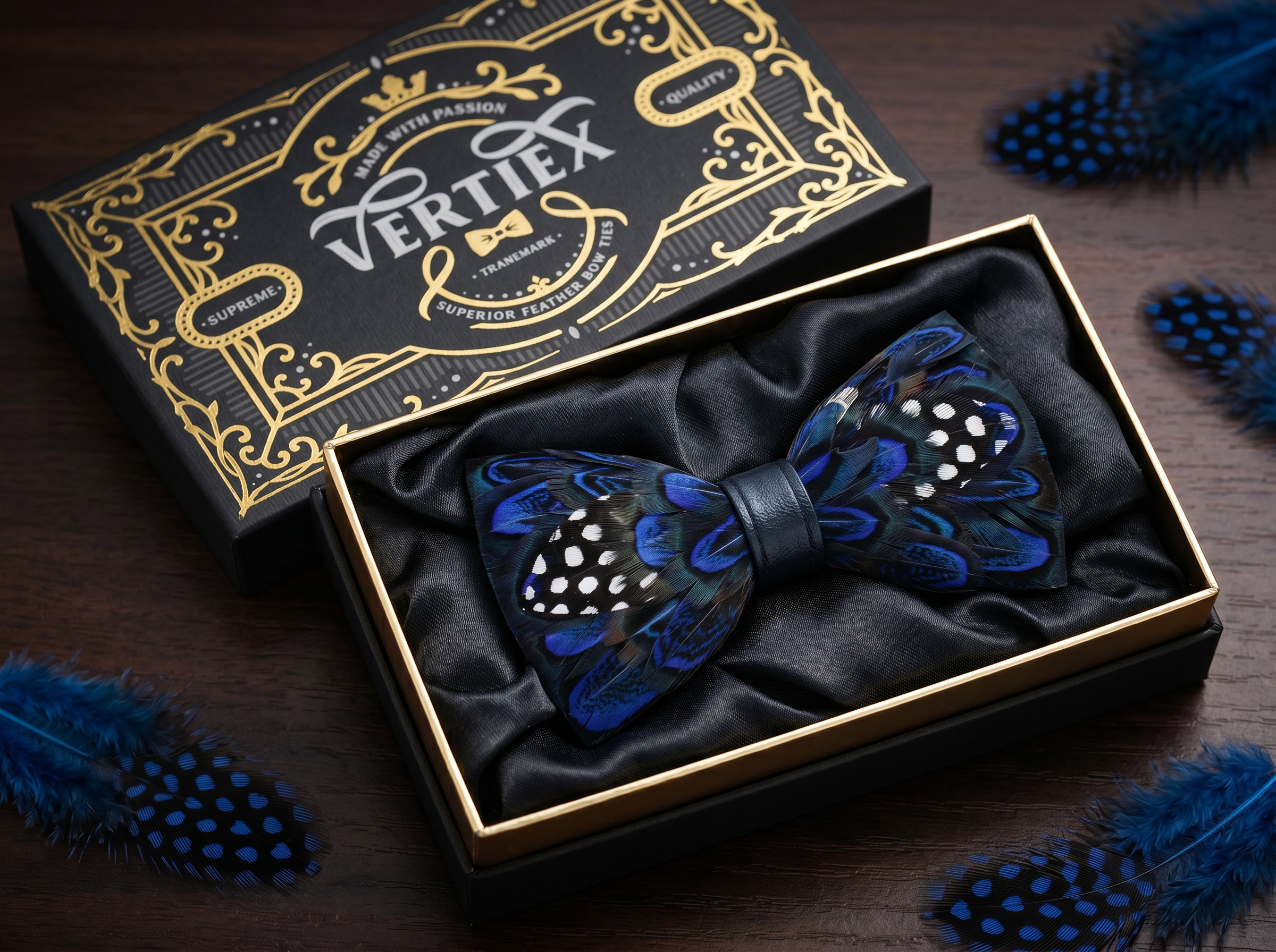 Blue Polka Dot Feather Bow Tie