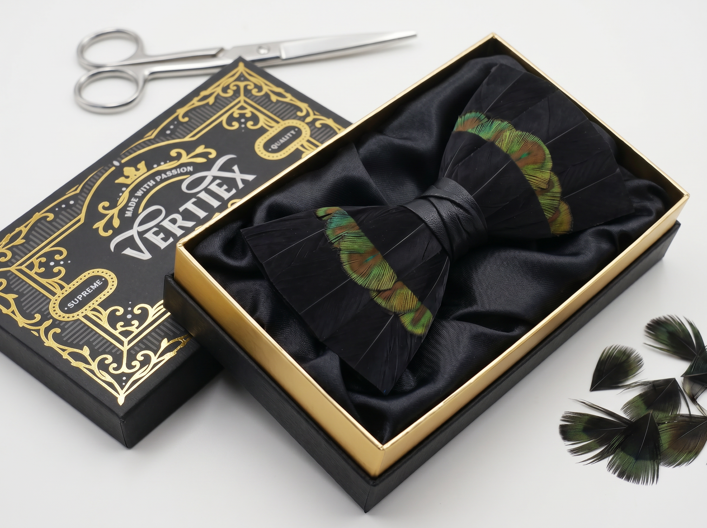 Black and Green Feather Bow Tie