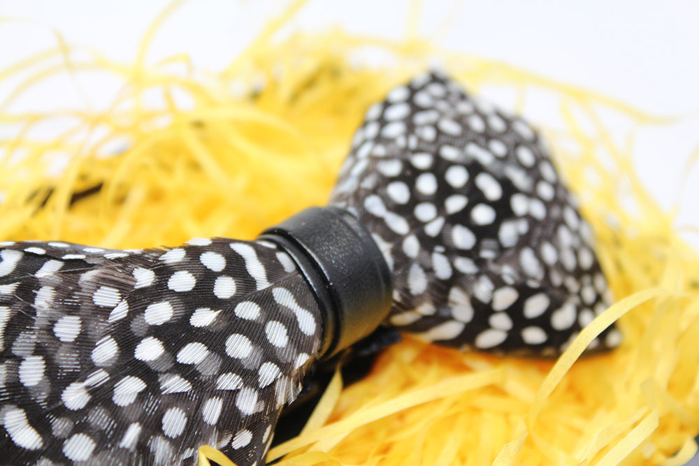 Polka Dotted Guinea Fowl Feather Bow Tie